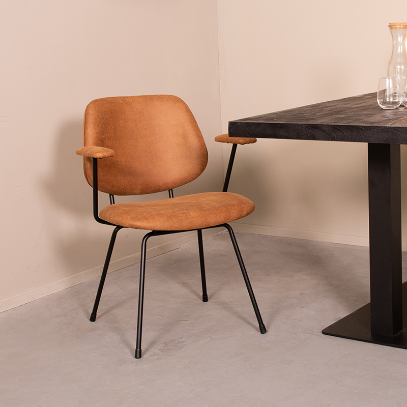 Eetkamerstoel Rivano - Cognac - - Zwart Metalen Frame