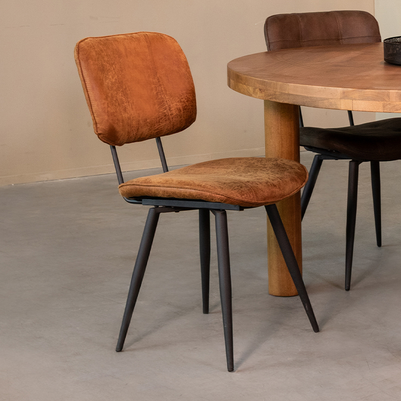 Eetkamerstoel Fos - Cognac - Leder - Zwart Metalen Frame