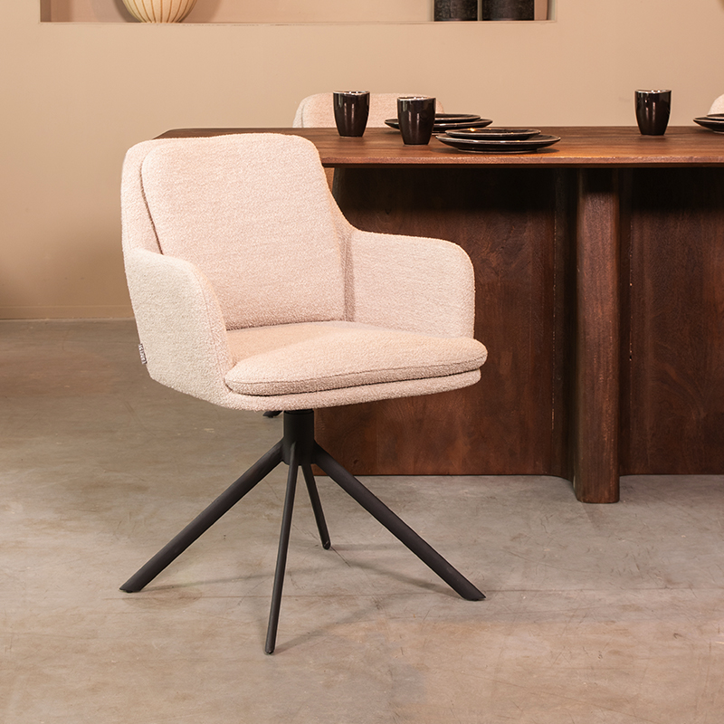 Eetkamerstoel Joy - Naturel - Boucle - Zwart Metalen Frame