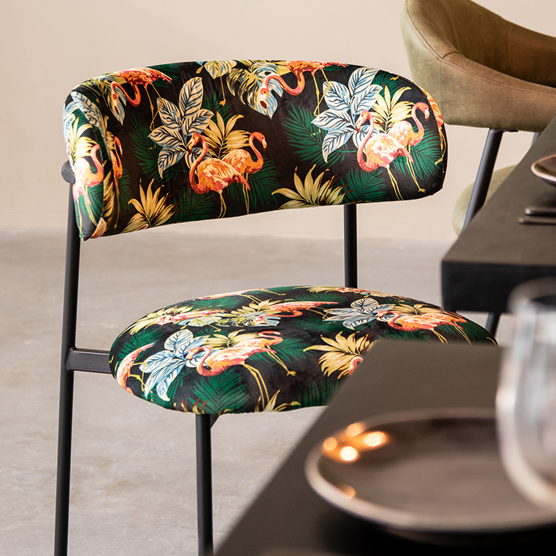 Eetkamerstoel Ferry - Printed Flamingo - Fluweel - Zwart Metalen Frame